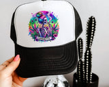 "Cannabitch Skeleton Hippie" design on a mesh-back snapback trucker hat