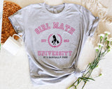 "Girl Math University" design on a heather gray unisex t-shirt