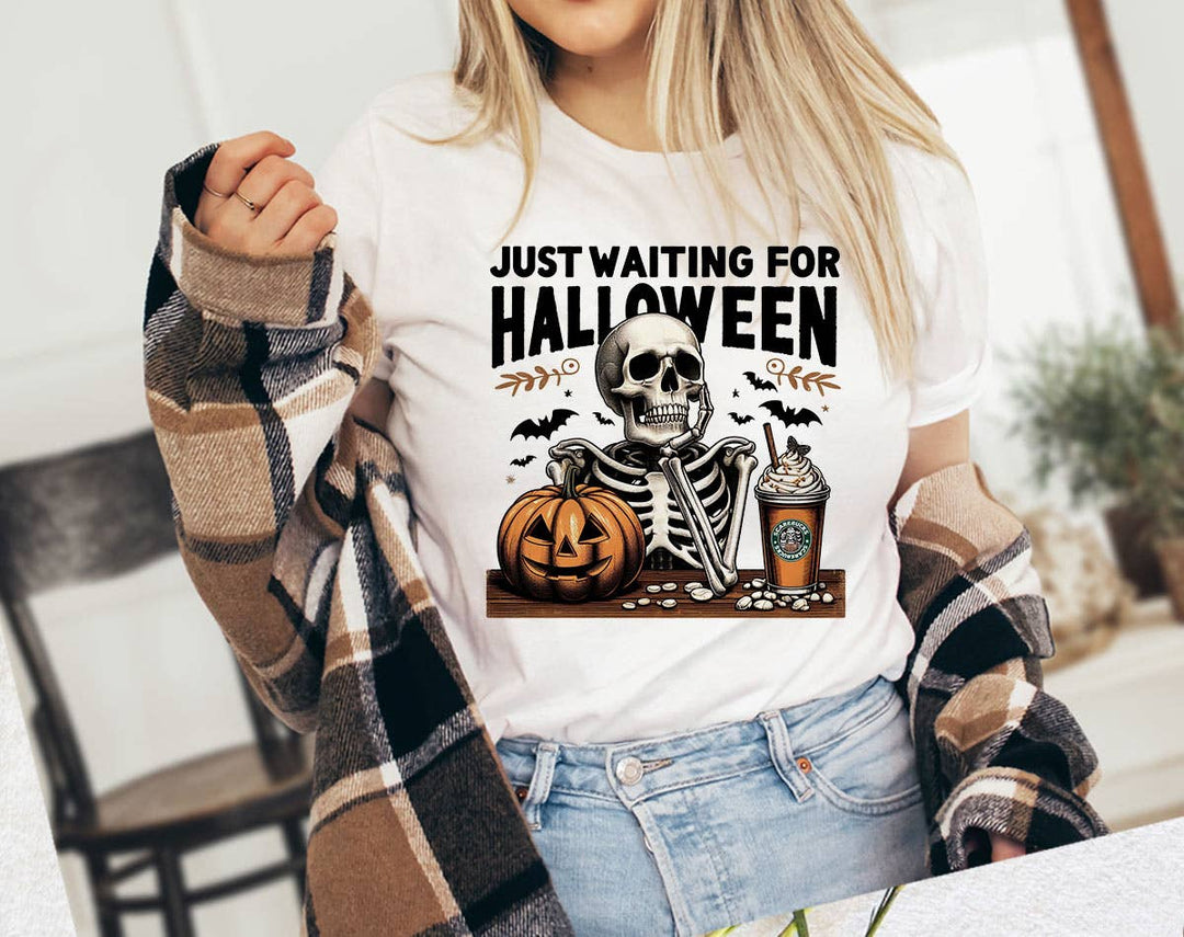 "Just Waiting For Halloween Skeleton" design on a white unisex t-shirt