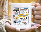 "Gilmore Girls Collage" fall design on a white coffee mug
