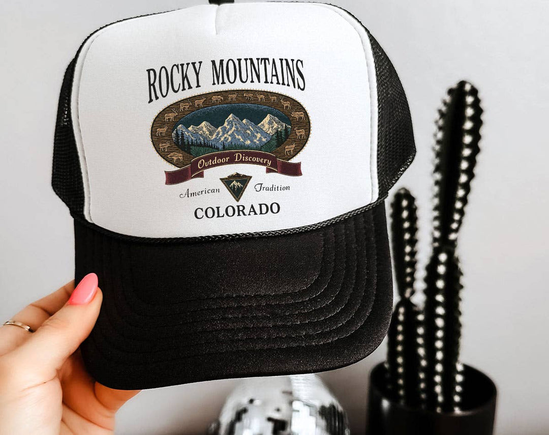 "Rocky Mountains Hiking" design on a mesh-back snapback trucker hat