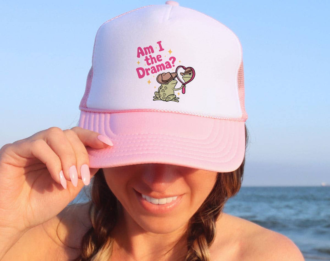 "Am I The Drama? Frog Meme" design on a mesh-back snapback trucker hat