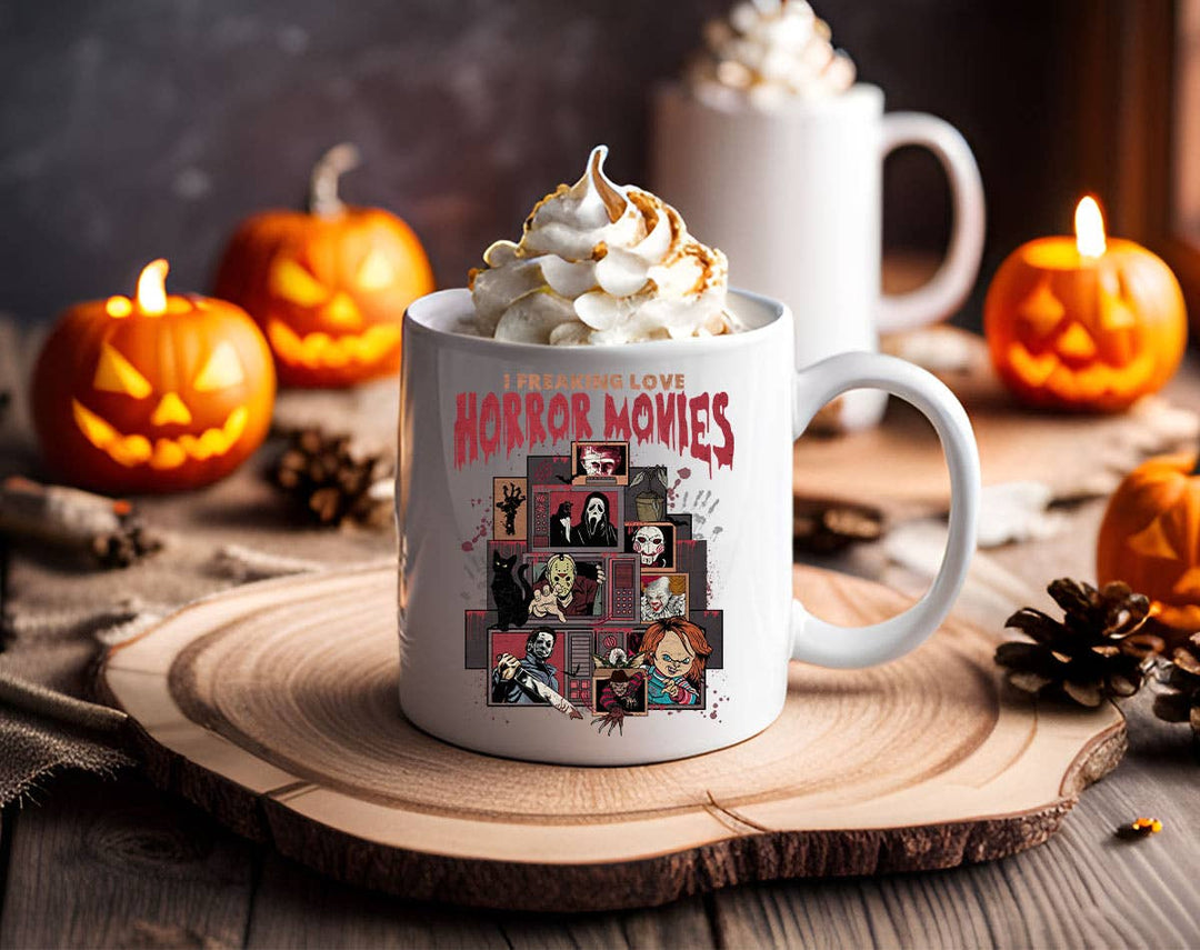 "I Freaking Love Horror Movies" Halloween design on a white coffee mug