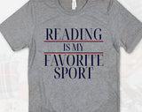 "Reading Is My Favorite Sport" design on a heather gray unisex t-shirt