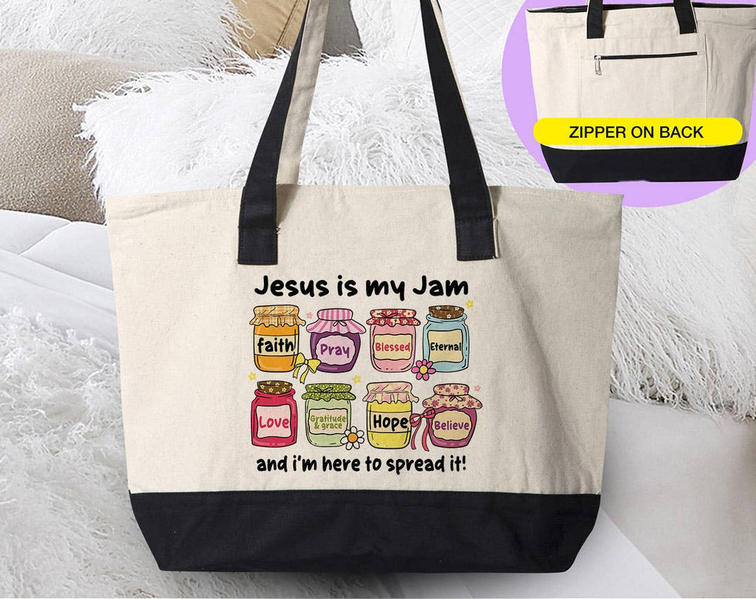 "Jesus Is My Jam Cute Christian Faith Pray" design on a natural canvas zippered tote bag