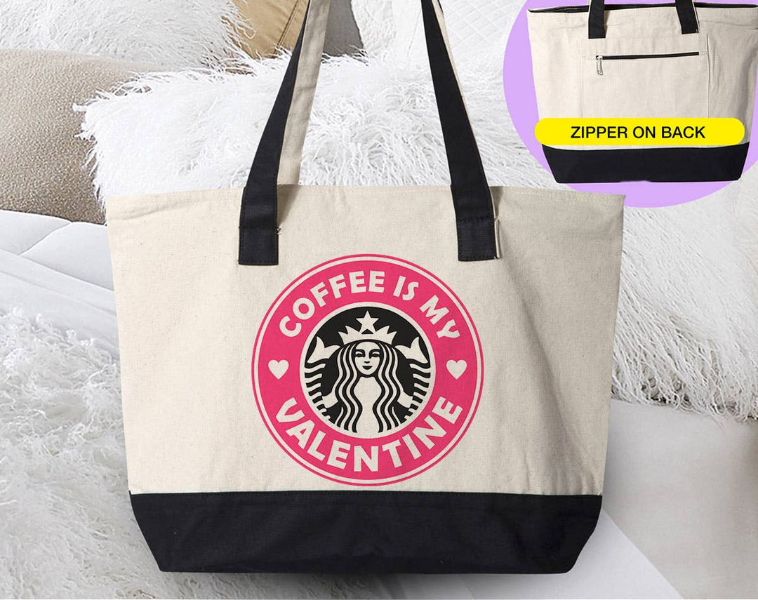 "Coffee Is My Valentine Pink Logo" design on a natural canvas zippered tote bag
