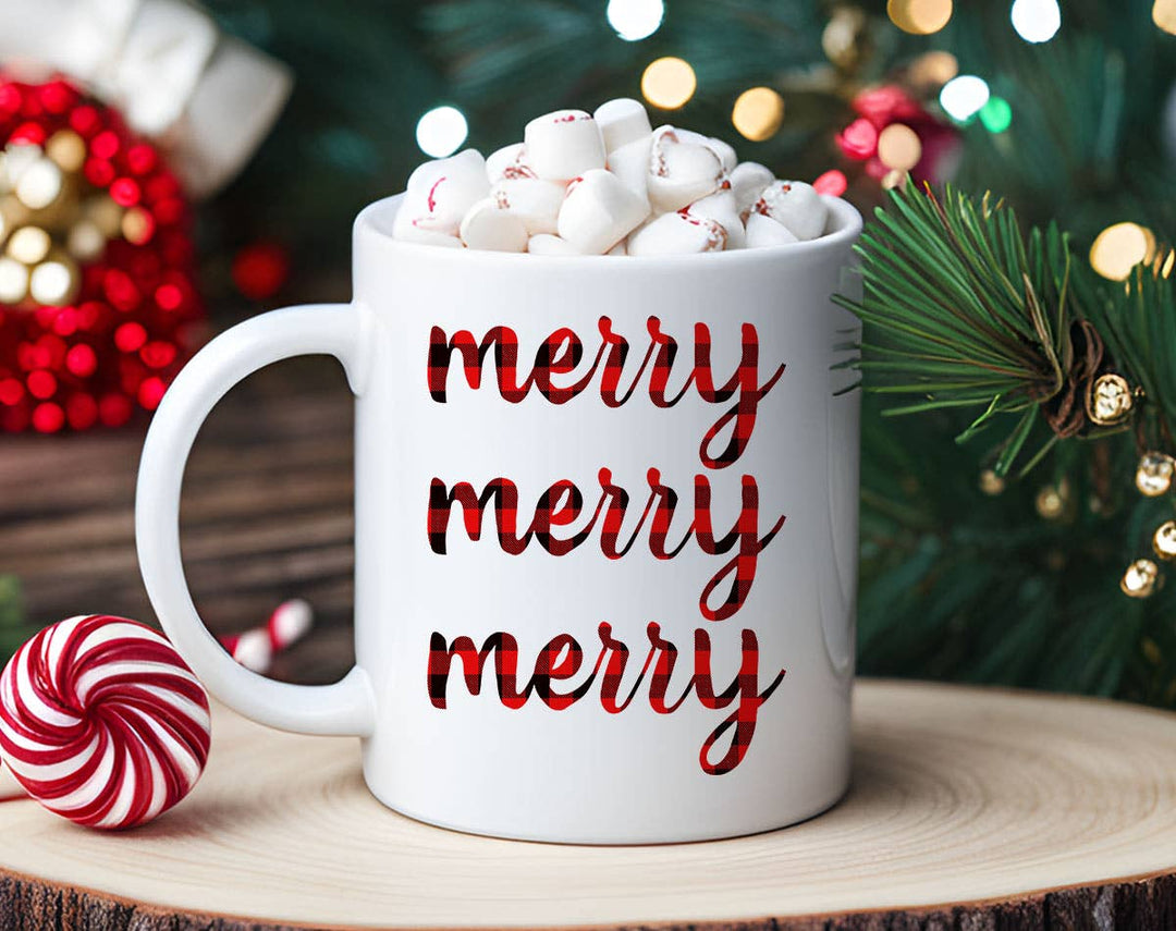 "Merry Merry Merry Plaid" Christmas design on a white coffee mug