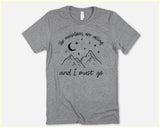 "The Mountains Are Calling" design on a heather gray unisex t-shirt