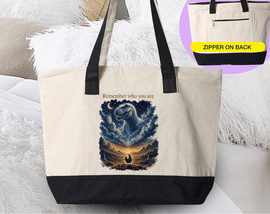 "Remember Who You Are T-Rex Chicken Evolution" design on a natural canvas zippered tote bag