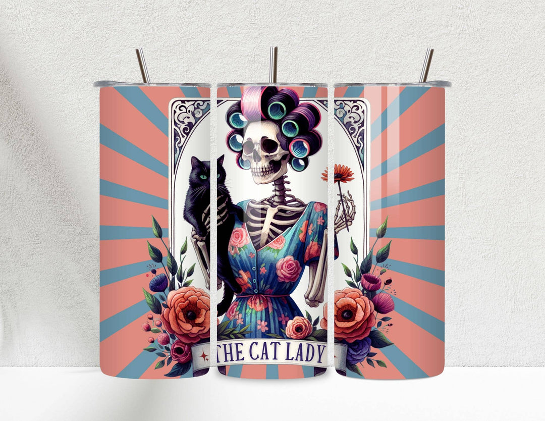 "The Cat Lady Tarot Skeleton" design on a 20 oz skinny tumbler with lid and straw