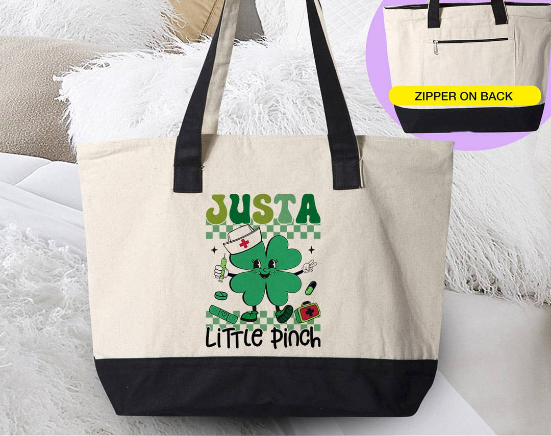 "Just A Little Pinch" design on a natural canvas zippered tote bag