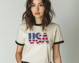 "USA Faux Patchwork American Flag" design on a natural ringer t-shirt with black contrast trim