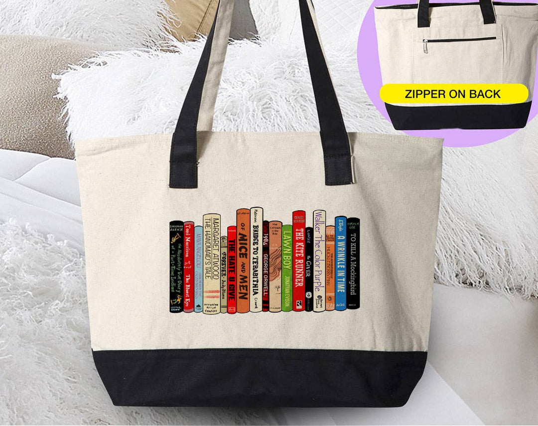 "Banned Books" design on a natural canvas zippered tote bag