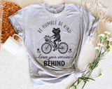 "Be Humble Be Kind Frog Bicycle" design on a heather gray unisex t-shirt