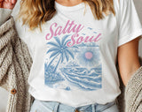 "Salty Soul Beach Palm Tree" design on a white unisex t-shirt