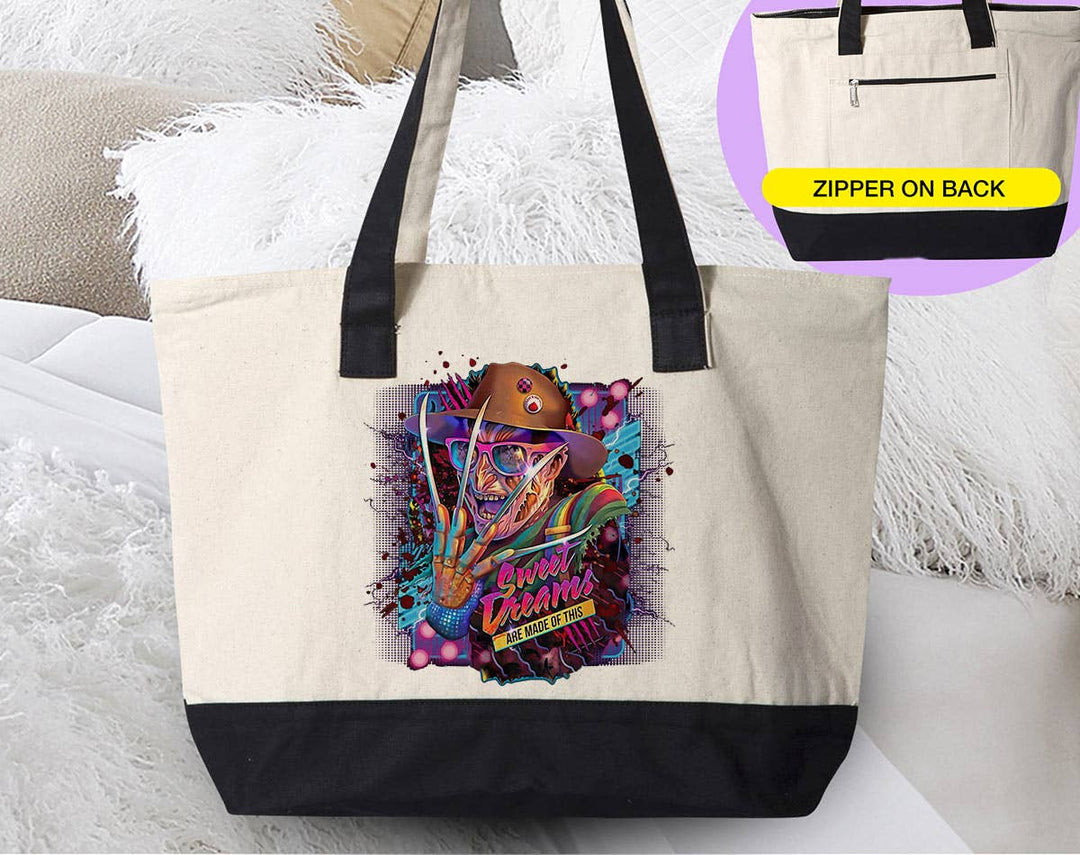 "Sweet Dreams Freddy" design on a natural canvas zippered tote bag