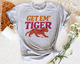 "Get 'Em Tiger" design on a heather gray unisex t-shirt
