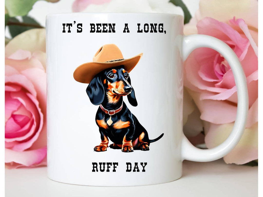 "It's Been A Long Ruff Day" design on a white ceramic coffee mug