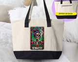 "The Stoner Tarot Skeleton Cannabis" design on a natural canvas zippered tote bag