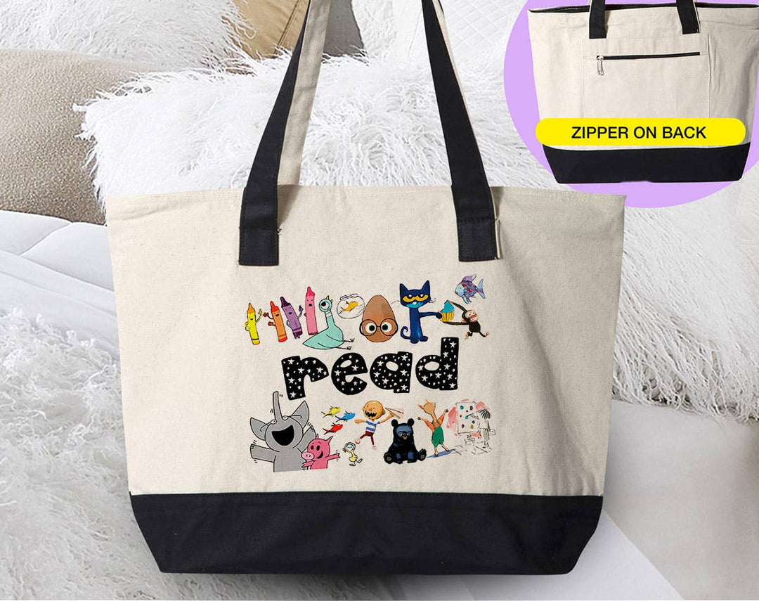 "Read Kids Book Characters" design on a natural canvas zippered tote bag