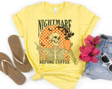 "Nightmare Before Coffee Skeleton" design on a pale yellow unisex t-shirt