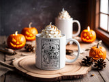 "The Coffee Skeleton Tarot Card" design on a white ceramic coffee mug