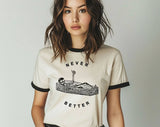 "Never Better Skeleton Coffin" design on a natural ringer t-shirt with black contrast trim