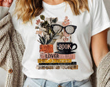 "Book Lover Collage Glasses" design on a white unisex t-shirt