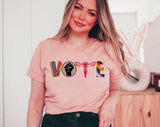 "Vote Rights Collage" design on a peach unisex t-shirt