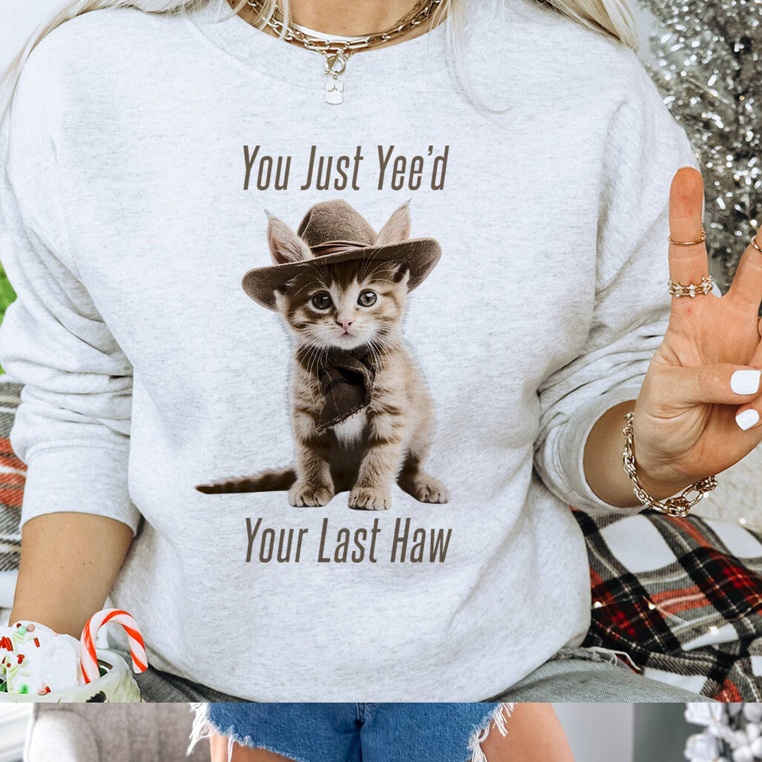 "Yee'd Your Last Haw" design on an ash gray unisex crewneck sweatshirt