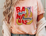 "That's Bananas Striped" design on a peach unisex t-shirt