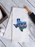 "Texas State Flower Bluebonnet" design on a white 28 x 28 inch flour sack tea towel