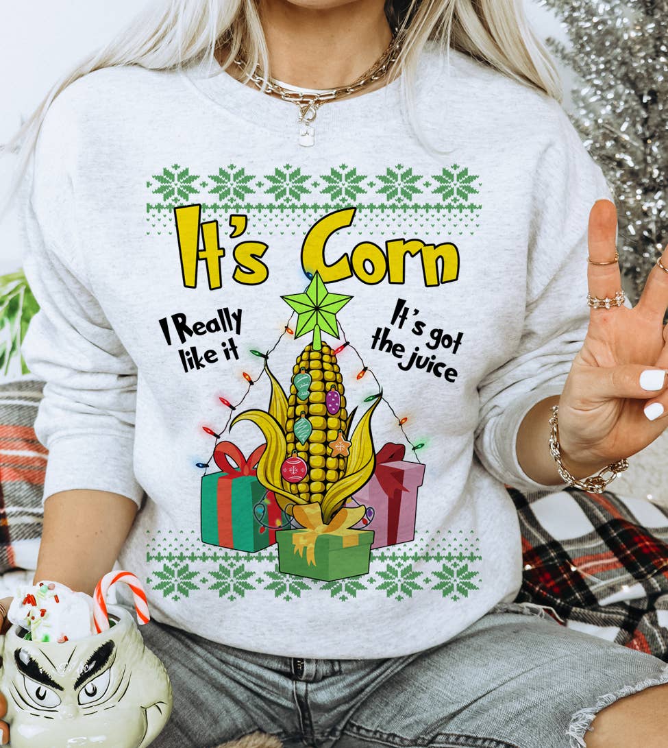 "It's Corn I Really Like It" design on an ash gray unisex crewneck sweatshirt