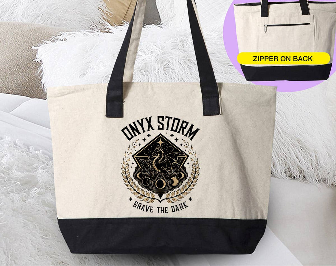"Onyx Storm" design on a natural canvas zippered tote bag
