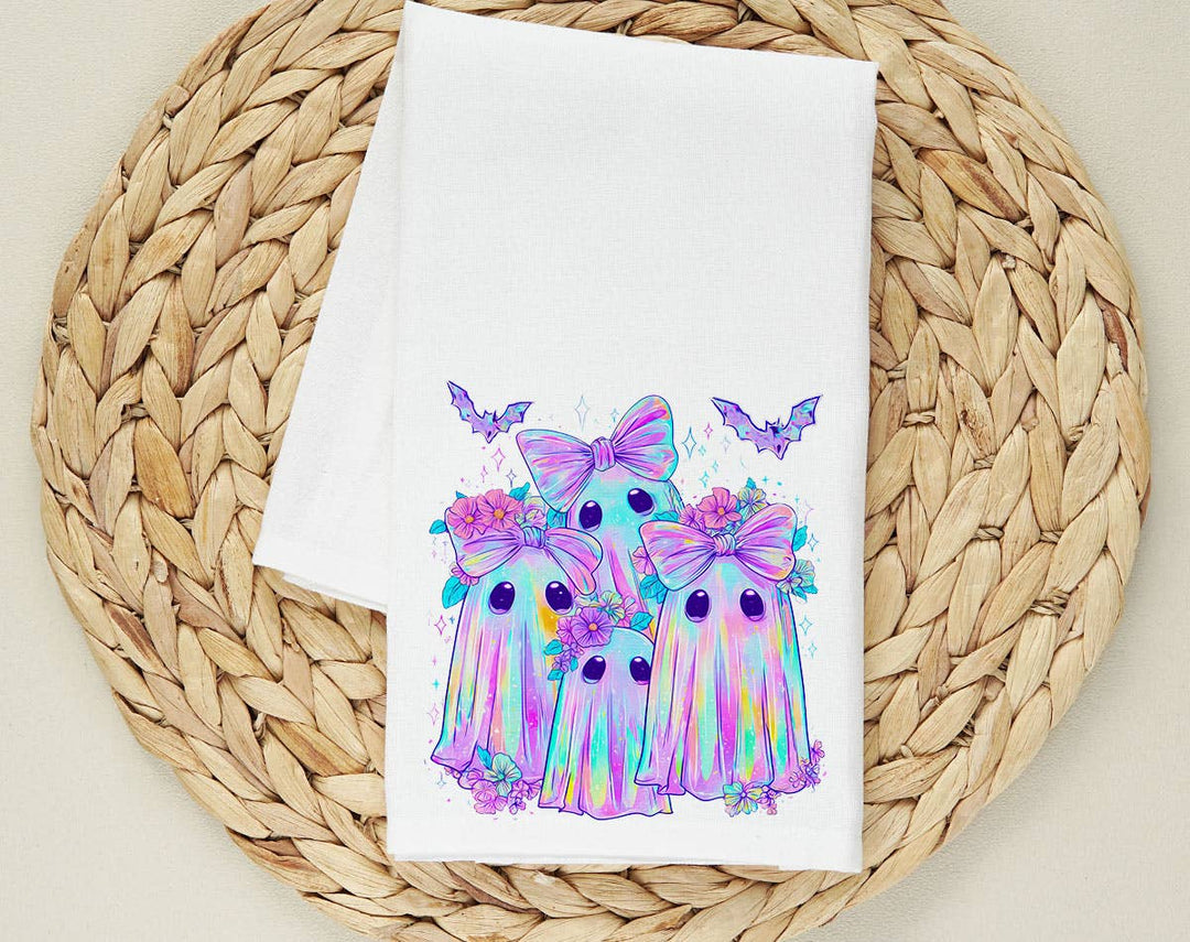 "Iridescent Ghost Bow" design on a white 28 x 28 inch flour sack tea towel