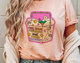 "Feel Your Feelings And Order Takeout" design on a peach unisex t-shirt