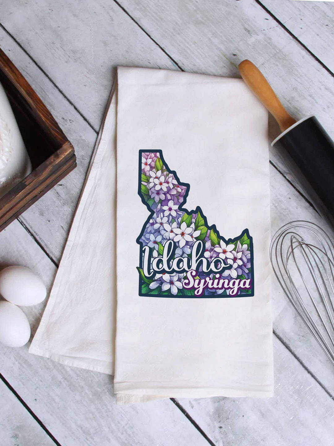 "Idaho State Flower Syringa" design on a white 28 x 28 inch flour sack tea towel