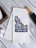 "Idaho State Flower Syringa" design on a white 28 x 28 inch flour sack tea towel