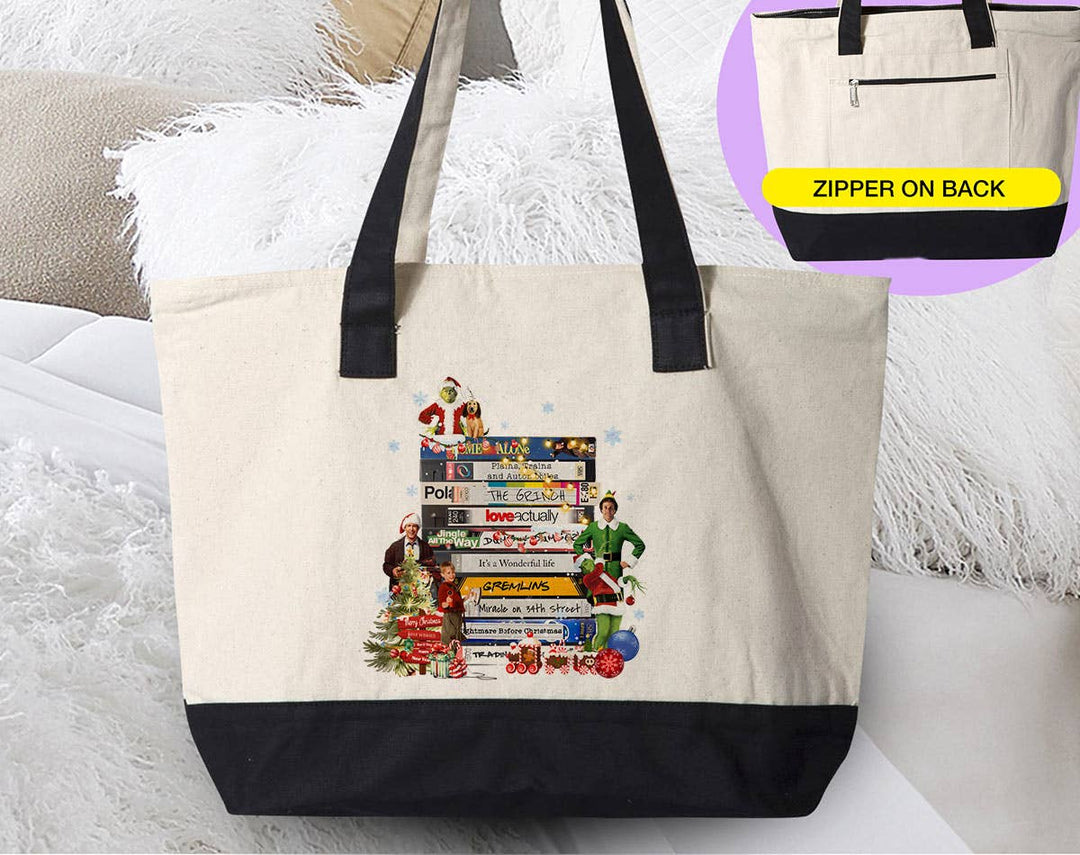 "Christmas Movies VHS Tapes" design on a natural canvas zippered tote bag