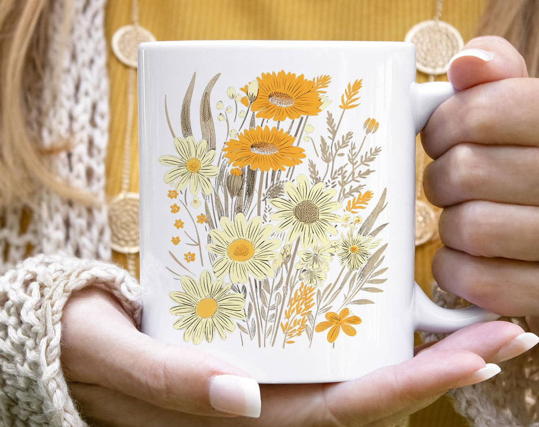 "Floral Retro Collage" design on a white ceramic coffee mug