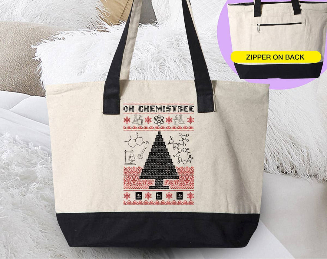 "Oh Chemistree" design on a natural canvas zippered tote bag