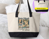 "Born To Read, Forced To Work" design on a natural canvas zippered tote bag