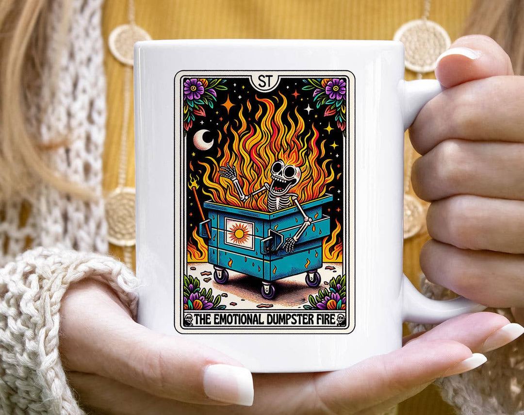 "Emotional Dumpster Fire" design on a white ceramic coffee mug