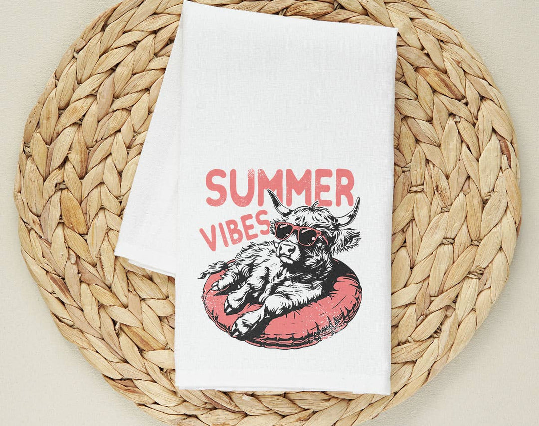 "Summer Vibes Highland Cow" design on a white 28 x 28 inch flour sack tea towel