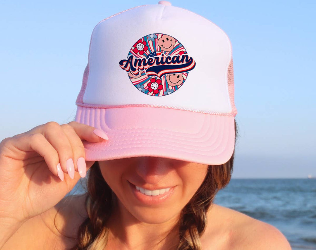 "American Swirl Flower" design on a mesh-back snapback trucker hat