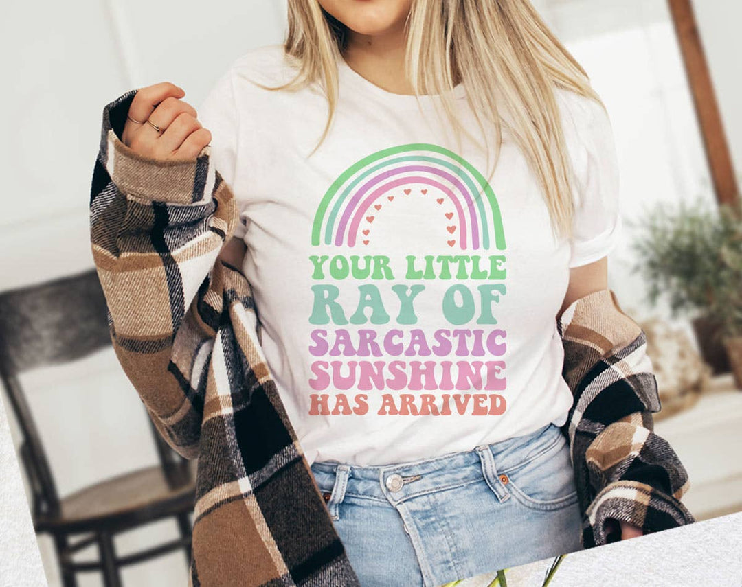"Your Little Ray Of Sarcastic Sunshine" design on a white unisex t-shirt