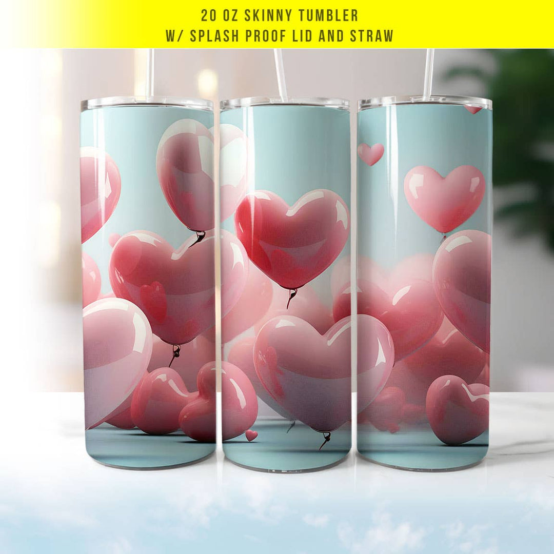 "Pink Balloons" design on a 20 oz skinny tumbler with lid and straw