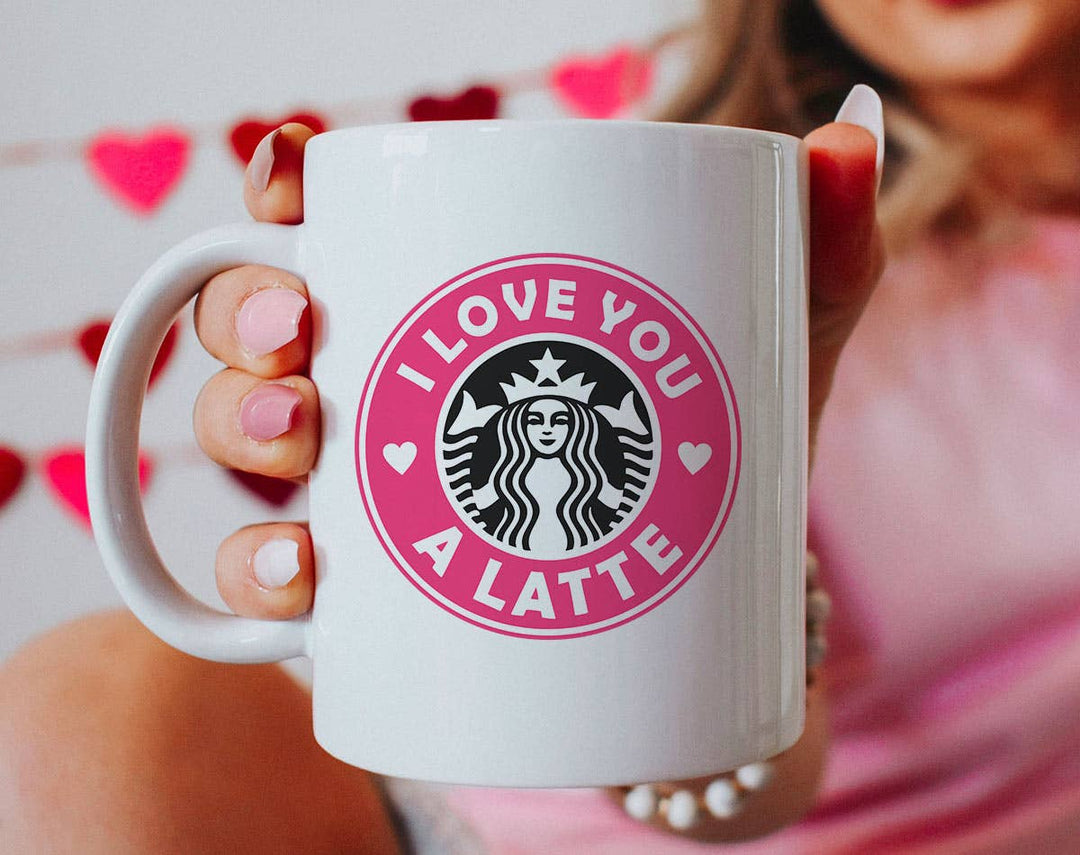 "I Love You Latte Pink Coffee Logo" design on a white ceramic coffee mug