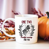 "One Two Freddy's Coming For You" Halloween design on a white coffee mug