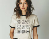 "Artistic Cat Painters Warhol Da Vinci Dali" design on a natural ringer t-shirt with black contrast trim